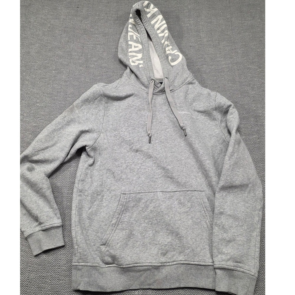 Calvin Klein Jeans Mens Gray Logo Hood Pullover Fleece Hoodie Size Medium